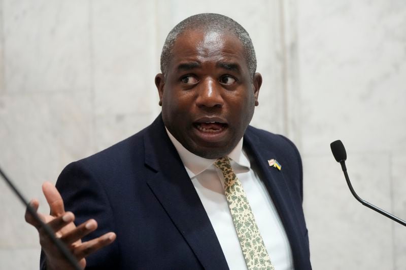 Britain's Foreign Secretary David Lammy, speaks during a joint news conference with Ukraine's Foreign Minister Andriiy Sybiha and U.S. Secretary of State Antony Blinken at the Ministry of Foreign Affairs in Kyiv, Ukraine, Wednesday, Sept. 11, 2024. (AP Photo/Efrem Lukatsky)