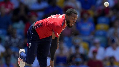 England's Chris Jordan bowls the delivery to get a hat-trick by dismissing United States' Saurabh Nethralvakar during the ICC Men's T20 World Cup cricket match between the United States and England at Kensington Oval in Bridgetown, Barbados, Sunday, June 23, 2024. (AP Photo/Ricardo Mazalan)