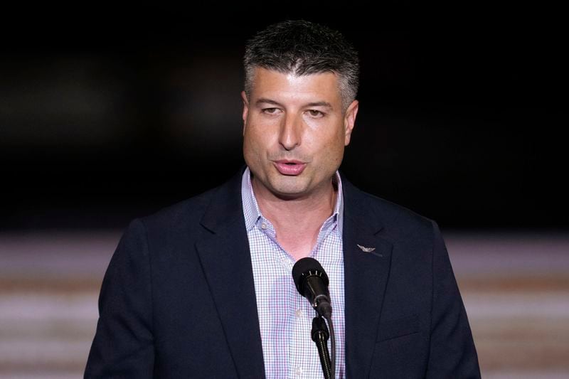 FILE - Tom Barrett, Republican candidate for Michigan's 7th Congressional District, speaks at a campaign event, Aug. 29, 2024, in Potterville, Mich. (AP Photo/Paul Sancya, File)