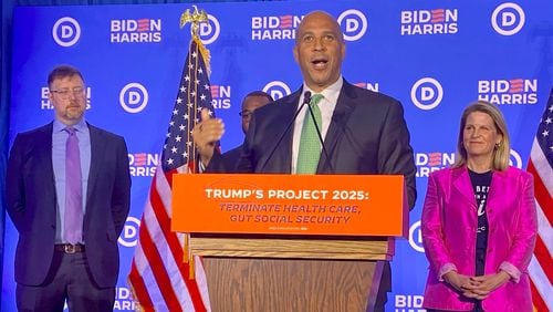 U.S. Sen. Cory Booker, D-N.J., speaks at a news conference in Milwaukee. Booker said former President Donald Trump would gut the Affordable Care Act and restrict abortion access for women if he is elected to a second term. (Shaddi Abusaid / AJC)