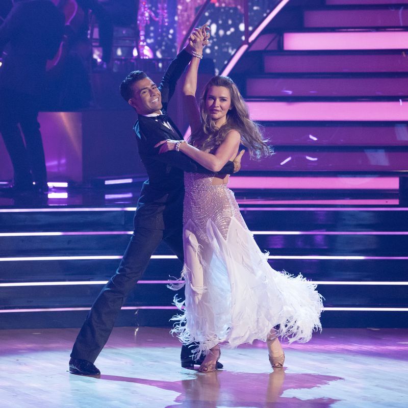 This image released by Disney shows Anna Delvey, right, and her dancing partner Ezra Sosa on the celebrity dance competition series "Dancing with the Stars," in Los Angeles on Tuesday, Sept. 24, 2024. (Eric McCandless/Disney via AP)