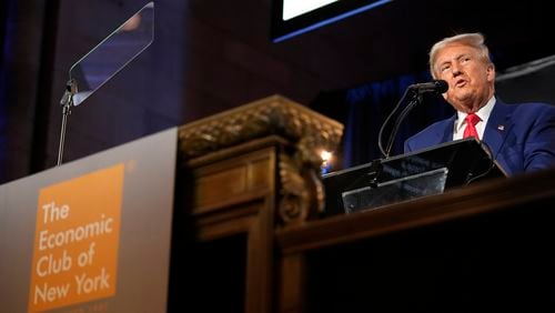 Republican presidential nominee former President Donald Trump speaks during a campaign event at the Economic Club of New York, Thursday, Sept. 5, 2024, in New York.(AP Photo/Alex Brandon)