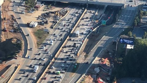 The new GA-400/southbound exit ramp to I-285/eastbound opened last Monday, Oct. 5, 2020, next to Hammond Drive. The new positioning confused some motorists. Credit: Doug Turnbull, WSB Skycopter