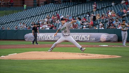 Braves prospect AJ Smith-Shawver pitches for the Gwinnett Stripers against the Memphis Redbirds on May 19, 2023. (Photo courtesy of the Memphis Redbirds)