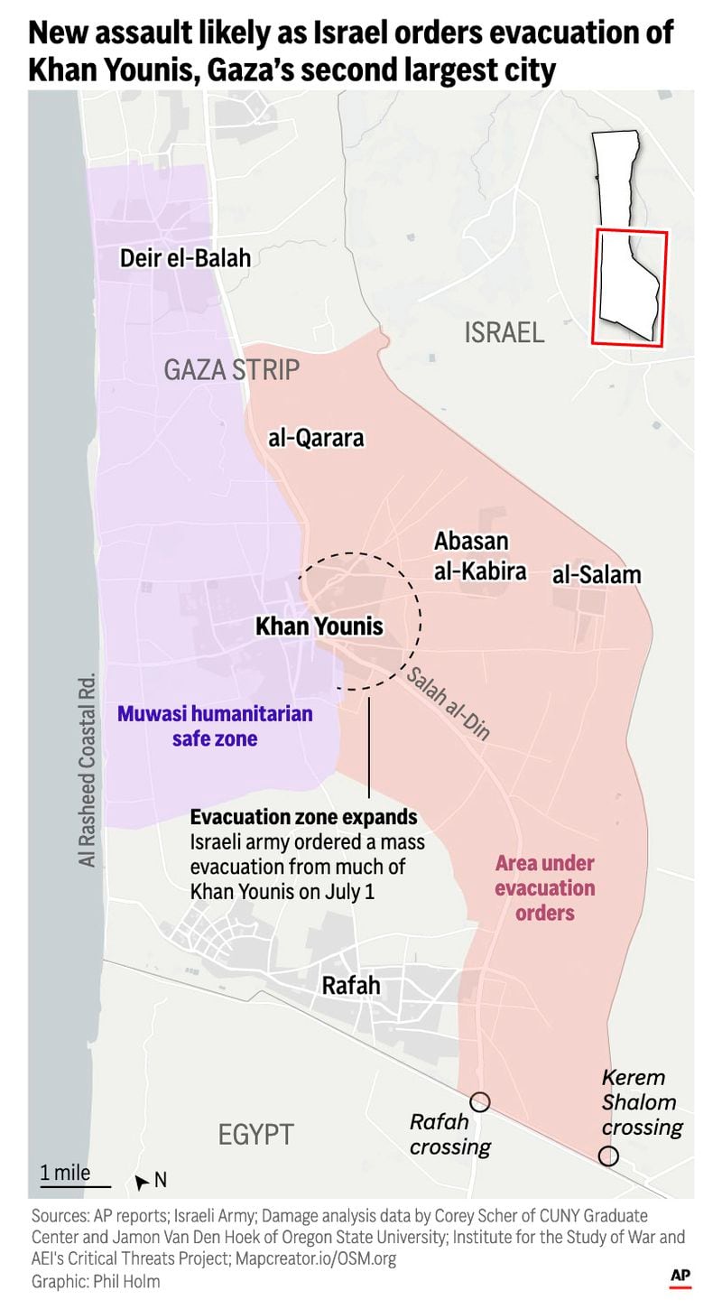 The map above shows the expanded evacuation zones announced by Israel inside of the Gaza Strip on July 1. (AP Digital Embed)