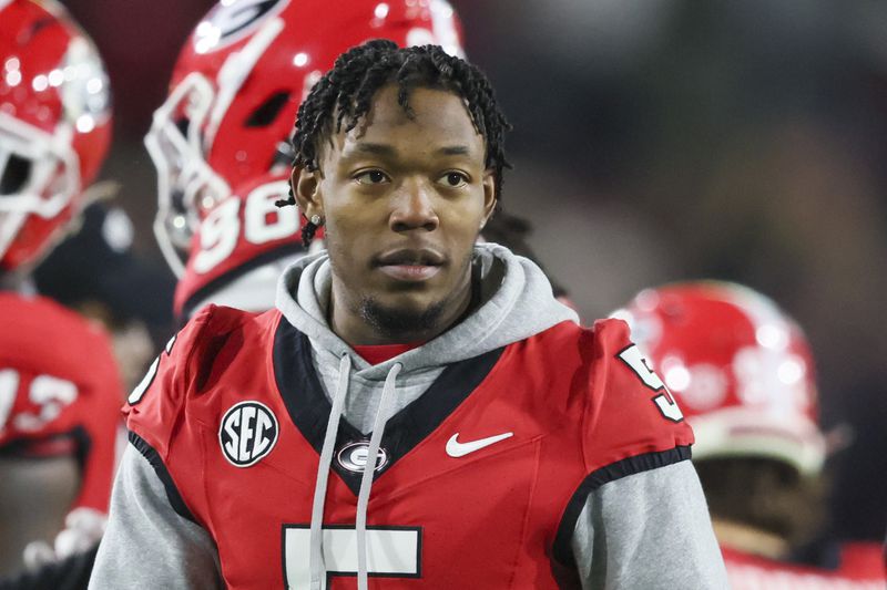 Georgia wide receiver Rara Thomas (5) on the sideline against Georgia Tech at Bobby Dodd Stadium, Saturday, November 25, 2023, in Atlanta. (Jason Getz / Jason.Getz@ajc.com)