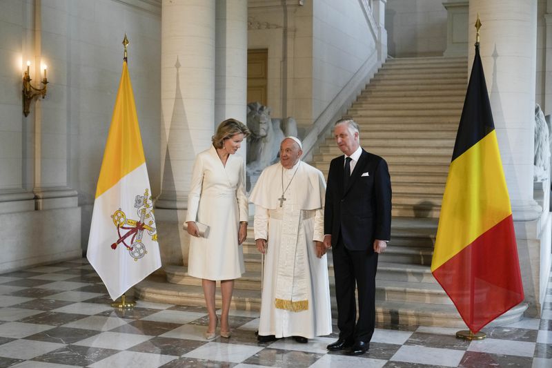 Pope Francis meets with King Philippe and Queen Mathilde in the Castle of Laeken, Brussels, Friday, Sept. 27, 2024. (AP Photo/Andrew Medichini)