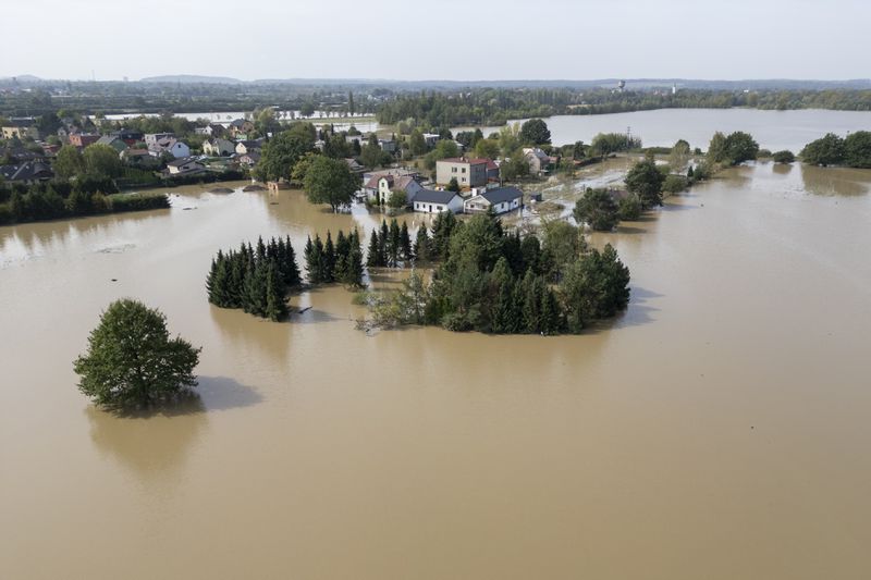 An aerial view of a flooded neighbourhood in Bohumin, Czech Republic, Tuesday, Sept. 17, 2024. (AP Photo/Darko Bandic)