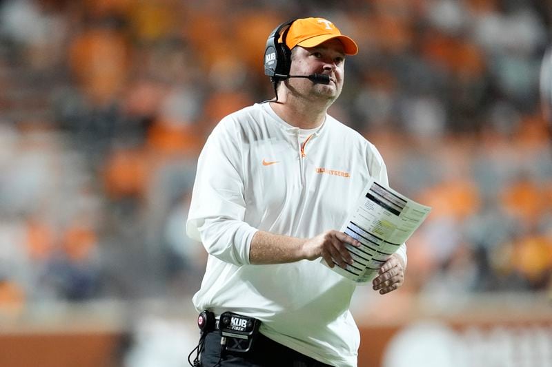 Tennessee head coach Josh Heupel looks onto the field during the second half of an NCAA college football game against Kent State, Saturday, Sept. 14, 2024, in Knoxville, Tenn. (AP Photo/George Walker IV)