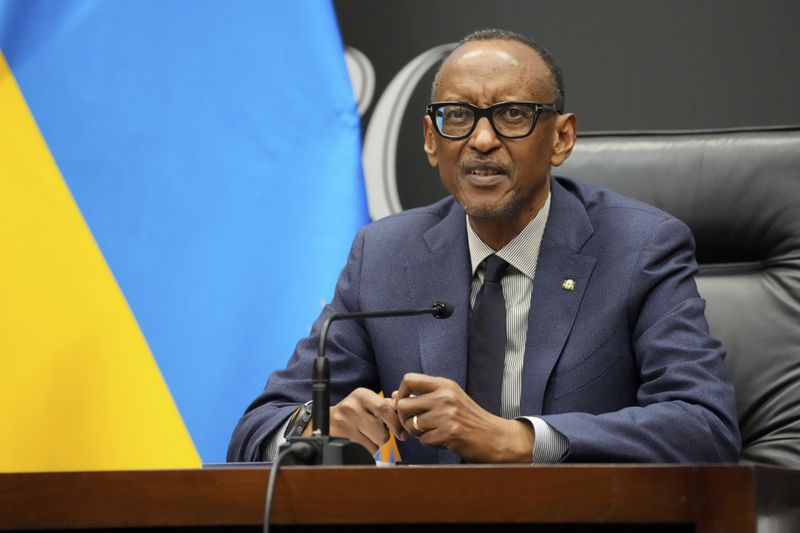 FILE - Rwanda's President Paul Kagame gives a press conference at Kigali Convention Centre in Kigali, Rwanda, on April 8, 2024. Rwandans are voting Monday in an election that will almost certainly extend the long rule of Kagame, who is running virtually unopposed after three decades in power in the eastern African nation. (AP Photo/Brian Inganga, File)