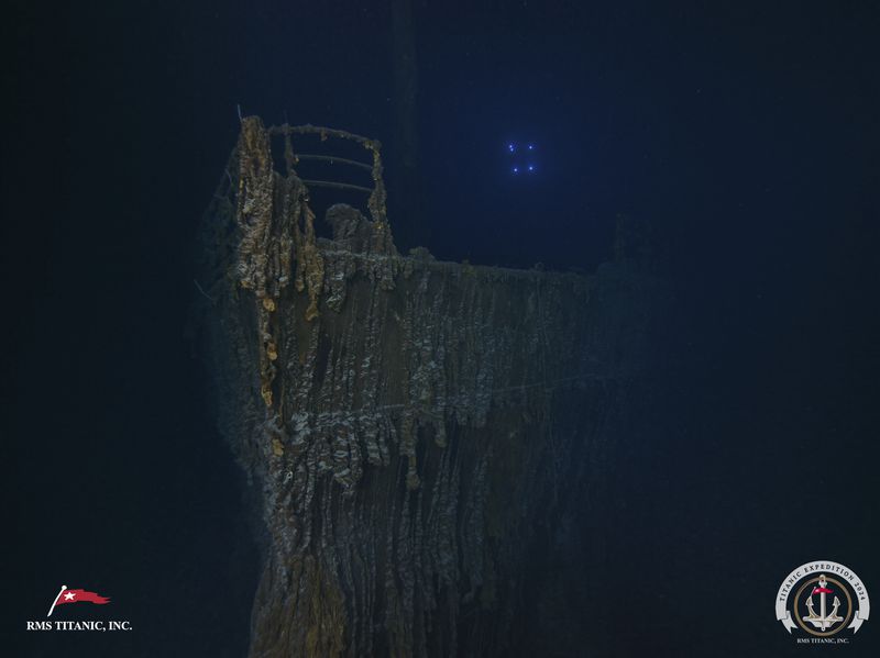 This image released on Monday, Sept. 2, 2024, shows the bow of the Titanic with a large section of the deck railing now missing photographed this summer by a company with salvage rights to the wreck site on its first expedition there in many years. (RMS Titanic Inc. via AP)