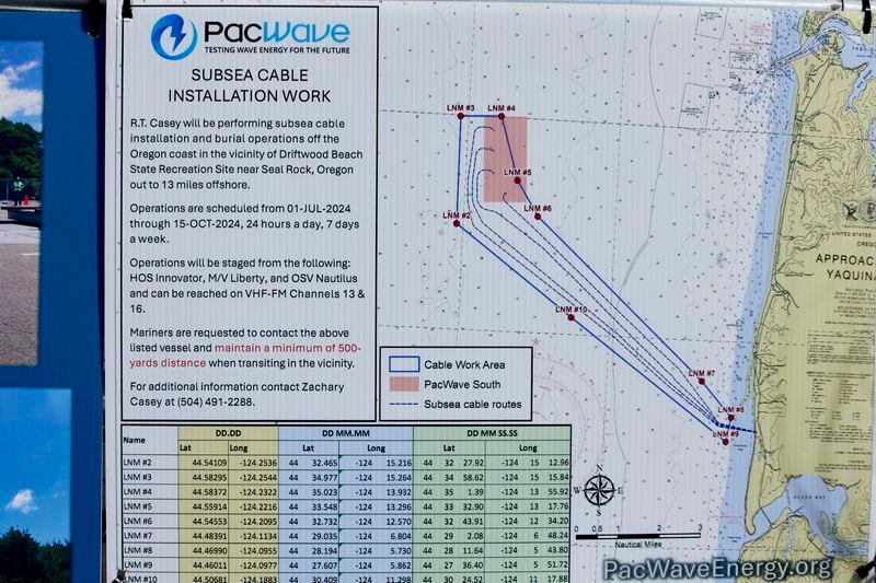 A map of the subsea cables is seen at Driftwood State Beach where the cables are connected to the wave energy test site arrive on land and connect to land cables in Newport, Ore., Friday, Aug. 23, 2024. (AP Photo/Craig Mitchelldyer)