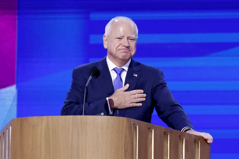 Minnesota Gov. Tim Walz, running mate of Vice President Kamala Harris, addresses delegates to the Democratic National Convention in Chicago.