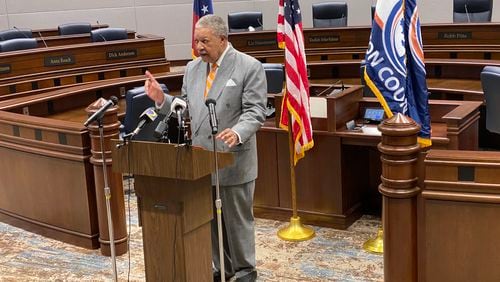 Fulton County Commission Chairman Robb Pitts speaks to members of the press during a news conference regarding a possible state takeover of the county's elections inside Assembly Hall at 141 Pryor St. in downtown Atlanta on Tuesday, July 27, 2021.