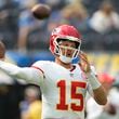 Kansas City Chiefs quarterback Patrick Mahomes warms up before the start of an NFL football game against the Los Angeles Chargers Sunday, Sept. 29, 2024, in Inglewood, Calif. (AP Photo/Ashley Landis)