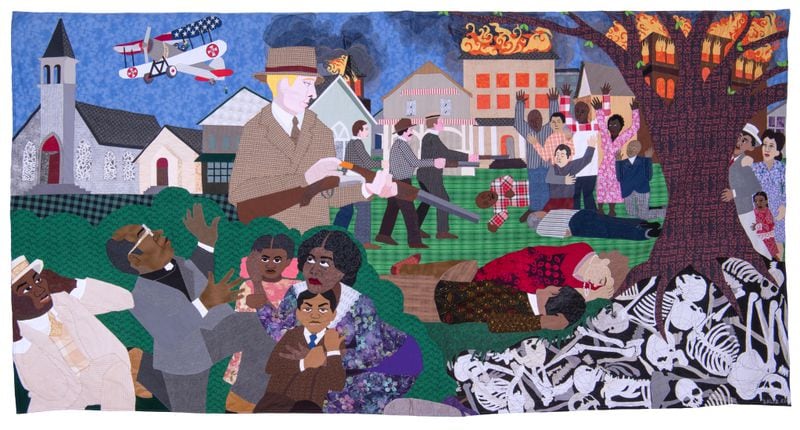 "Massacres on Black Wall Street" (2022) created by Dawn Williams Boyd with assorted fabrics and cotton embroidery floss. (Courtesy of Fort Gansevoort New York)