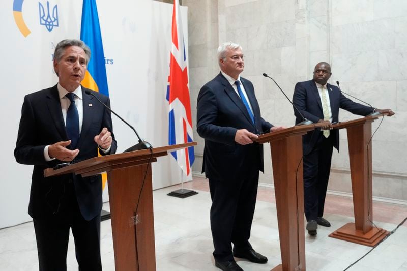 U.S. Secretary of State Antony Blinken, left, speaks as he stands with Britain's Foreign Secretary David Lammy, and Ukraine's Foreign Minister Andriiy Sybiha, center, during a joint news conference at the Ministry of Foreign Affairs in Kyiv, Ukraine, Wednesday, Sept. 11, 2024. (AP Photo/Efrem Lukatsky)