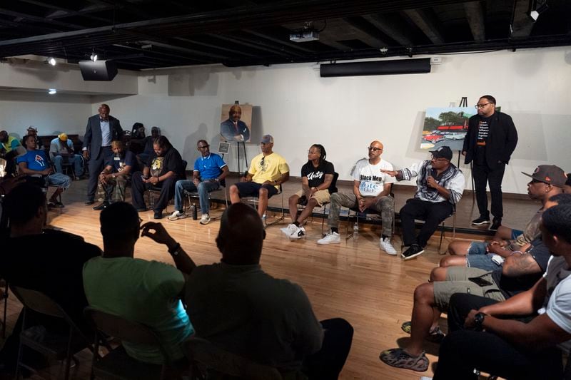 Cliff Albright of the Black Voters Matter Fund, a nonprofit voting rights organization, speaks during a panel discussion on the candidacy of Vice President Kamala Harris during a Black Men Lab meeting, Monday, July 22, 2024, in Atlanta. (AP Photo/Stephanie Scarbrough)