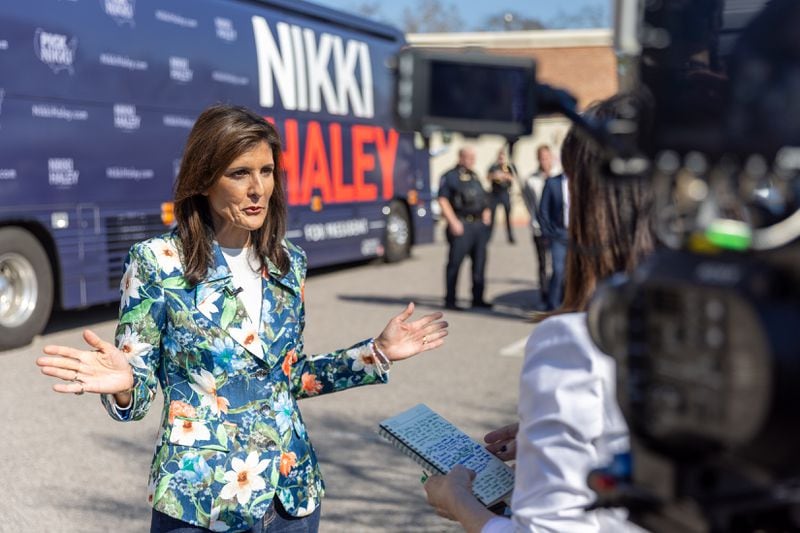 Republican presidential candidate Nikki Haley speaks to Atlanta Journal-Constitution reporter Patricia Murphy after a campaign event Wednesday in North Augusta, South Carolina. Faced with questions about how much she is trailing former President Donald Trump in the polls, Haley said,  “The whole thing is to continue to try and be as competitive as we can. She added, “We’re focused on the fact that 70% of Americans don’t want a Trump-Biden rematch.” (Arvin Temkar / arvin.temkar@ajc.com)