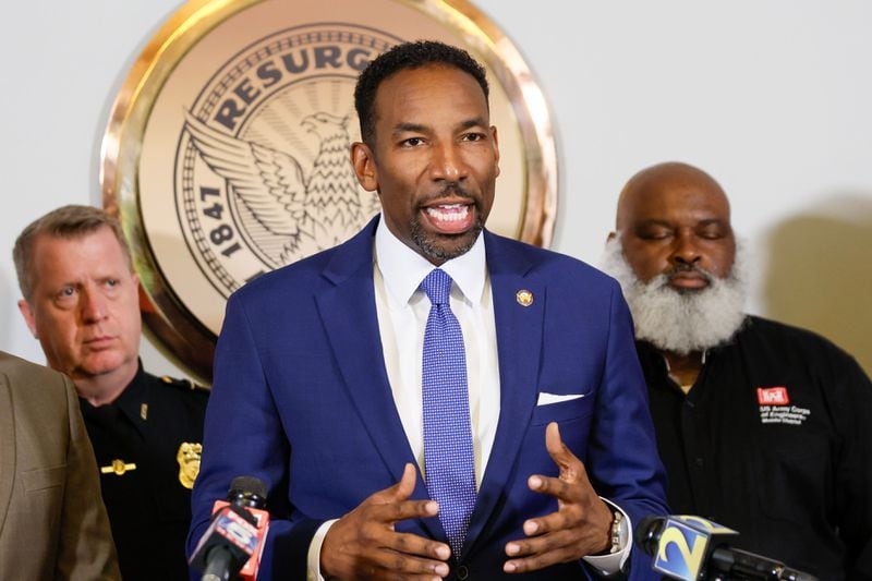 Atlanta Mayor Andre Dickens speaks to members of the press on Wednesday, June 5, 2024 to inform the public and media that Atlanta's water service has been fully restored.  The announcement comes after the city suffered five days of disruption due to multiple water main breaks.  (Miguel Martinez/AJC)