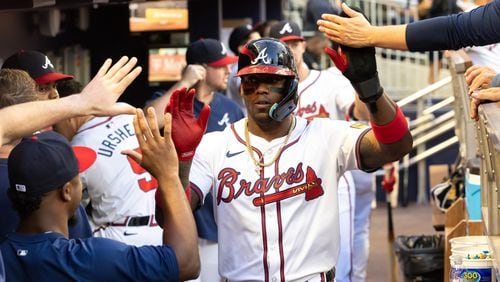 Atlanta Braves outfielder Jorge Soler (2) celebrates after scoring during the first inning of the Braves versus Colorado Rockies game at Truist Park in Atlanta on Thursday, September 5, 2024. (Arvin Temkar / AJC)