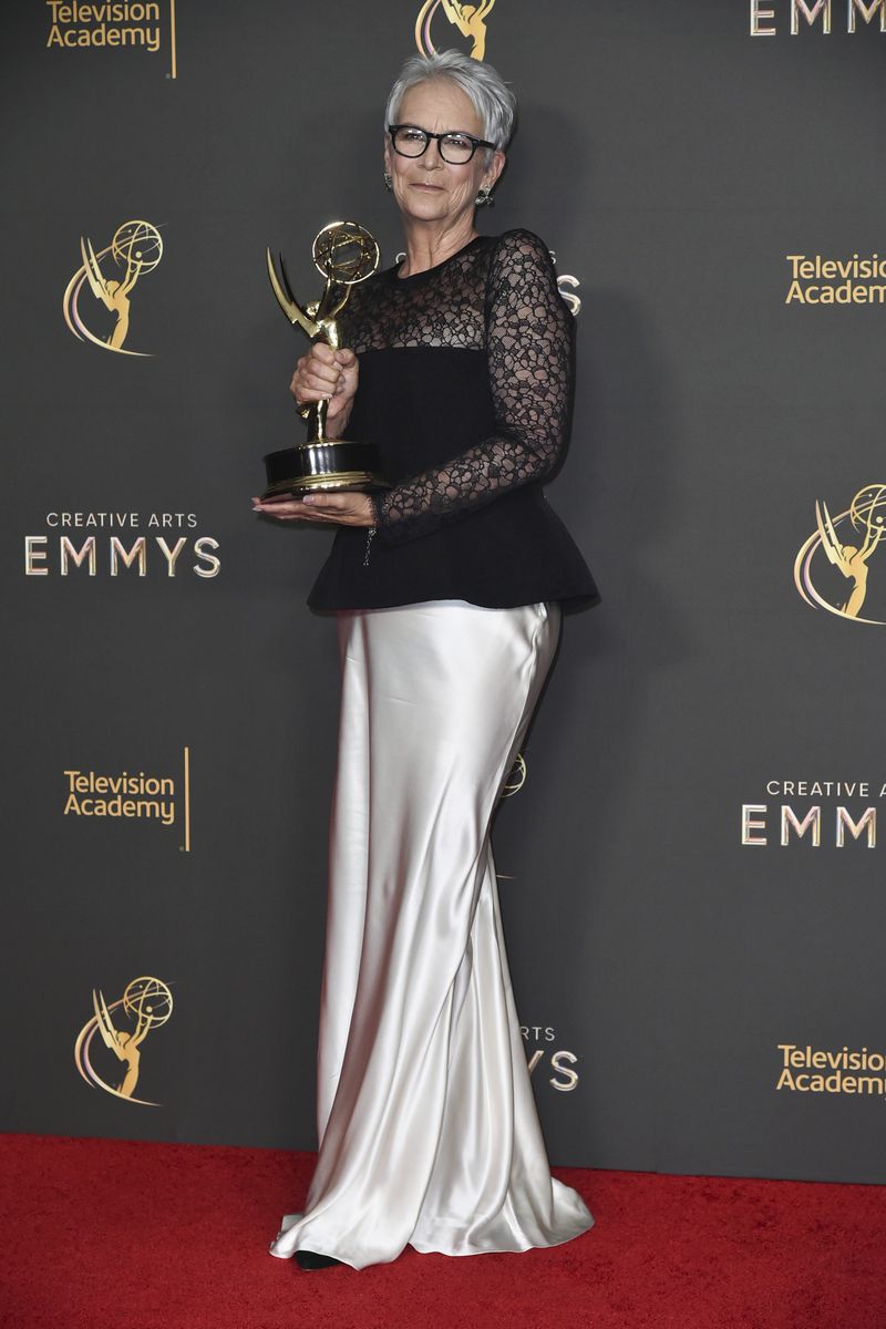 Jamie Lee Curtis poses with her award for outstanding guest actress in a comedy series for “The Bear” on night two of the Creative Arts Emmy Awards on Sunday, Sept. 8, 2024, in Los Angeles. (Photo by Richard Shotwell/Invision/AP)