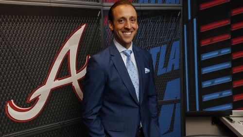 Brandon Gaudin, the team's new play-by-play announcer for Bally Sports South, poses for a photograph inside the cabin transmission at Truist Park on Thursday, April 6, 2023.