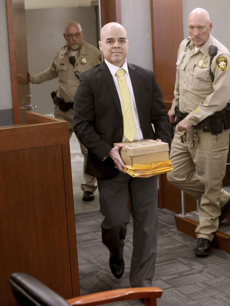 Robert Telles arrives in court on the first day of jury selection for his murder trial at the Regional Justice Center in Las Vegas, Monday, Aug. 12, 2024. Telles, a former Clark County public administrator, is accused of killing Las Vegas Review-Journal investigative journalist Jeff German. (K.M. Cannon/Las Vegas Review-Journal via AP, Pool)