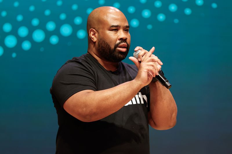 Joey Womack, the founder of tech nonprofit Goodie Nation, gives remarks following the Venture Atlanta pitch competition at Woodruff Arts Center on Thursday, Sept. 28, 2023. The two-day event is one of the largest venture capital conferences in the country. (Natrice Miller/ Natrice.miller@ajc.com)