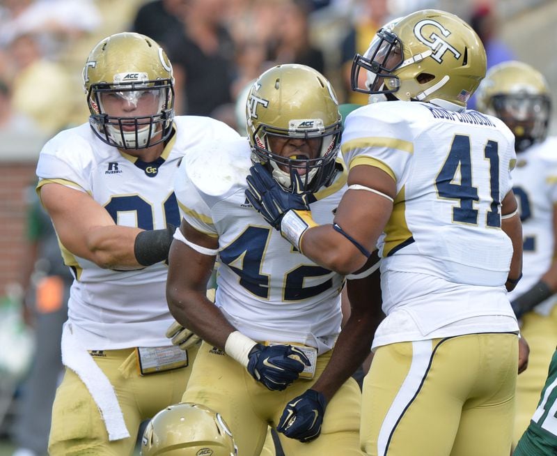 Georgia Tech defensive end KeShun Freeman contributed a sack and two tackles Saturday. HYOSUB SHIN / HSHIN@AJC.COM