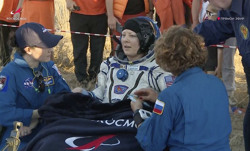 In this photo taken from video released by Roscosmos space corporation, NASA astronaut Tracy Dyson sits in a chair shortly after the landing of the Russian Soyuz MS-25 space capsule carrying NASA astronaut Tracy Dyson, Roscosmos cosmonauts Oleg Kononenko and Nikolai Chub, south-east of the Kazakh town of Zhezkazgan, Kazakhstan, Monday, Sept. 23, 2024. (Roscosmos space corporation via AP)