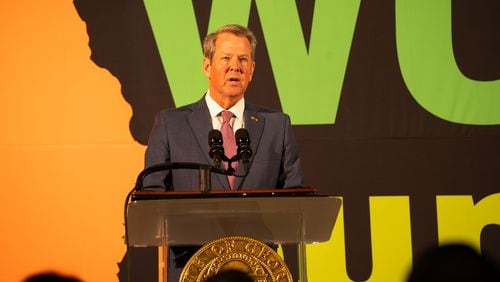 Gov. Brian Kemp announces the launch of Georgia Match, a direct college admissions program for high school seniors, at the Freight Depot in Atlanta on Thursday, Oct. 5, 2023. (Olivia Bowdoin for The Atlanta Journal-Constitution)