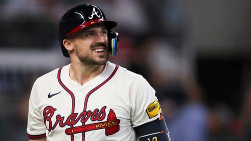 Atlanta Braves right fielder Adam Duvall reacts after striking out to end the game against the San Francisco Giants during the ninth inning at Truist Park, Tuesday, July 2, 2024, in Atlanta. The Braves lost to the Giants 5-3. (Jason Getz / AJC)
