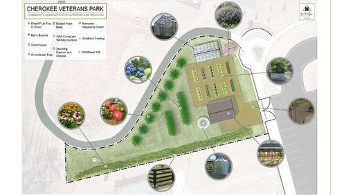 Site plan depicts an orchard, raised garden beds and other features of an outdoor educational facility at Cherokee Veterans Park planned by the UGA Cooperative Extension, Cherokee County Master Gardeners and Cherokee Recreation & Parks. CHEROKEE COUNTY