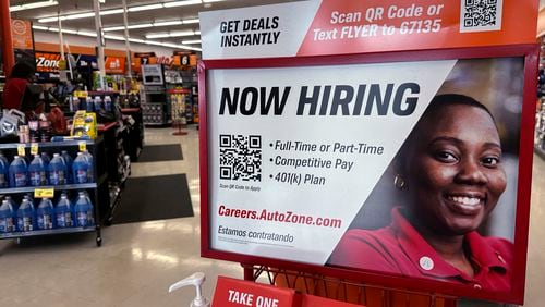 FILE - A hiring sign is displayed at a retail store in Buffalo Grove, Ill., Friday, Sept. 6, 2024. (AP Photo/Nam Y. Huh, File)