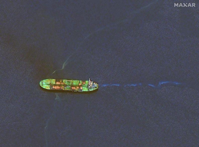 This image released by Maxar Technologies shows an overview of the Sounion oil tanker that was recently attacked by Houthi rebels on fire in the Red Sea, Thursday, Aug. 29, 2024. (Satellite image ©2024 Maxar Technologies via AP)