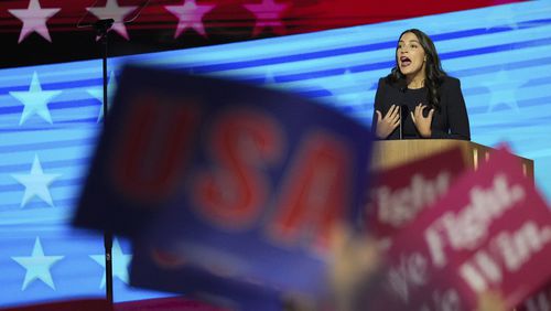 Rep. Alexandria Ocasio-Cortez, D-N.Y.,speaks during the Democratic National Convention Monday, Aug. 19, 2024, in Chicago. (AP Photo/Brynn Anderson)