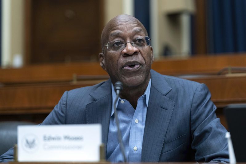 FILE - Edwin Moses speaks during The Commission on the State of U.S. Olympics and Paralympics hearing on Capitol Hill in Washington, Wednesday, Sept. 6, 2023. (AP Photo/Jose Luis Magana, File)