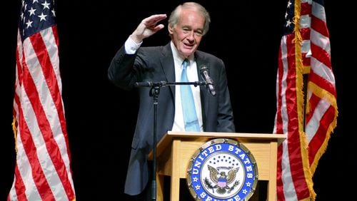 Sen. Ed Markey, D-Mass., holds a town hall-style meeting at the Barrington Stage Company in Pittsfield, Mass., Sunday, Oct. 29, 2017. (Gillian Jones/The Berkshire Eagle via AP)