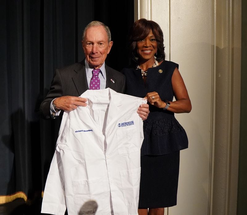 Michael Bloomberg poses with Dr. Valerie Montgomery Rice during the announcement of a gift of $175 million for the HBCU medical school. (Contributed by Morehouse School of Medicine)