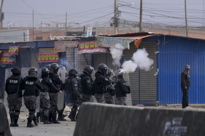 Police fire tear gas during clashes between supporters of former President Evo Morales and current President Luis Arce in El Alto, Bolivia, Sunday, Sept. 22, 2024. (AP Photo/Juan Karita)