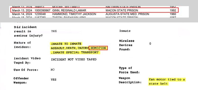 The GDC's mortality roster (top) lists Reginald Lamar Ginn, who died on March 13, 2024, at Macon State Prison. The incident report regarding his death (highlighted at bottom) shows that the agency reported his death as a homicide. (Georgia Department of Corrections)