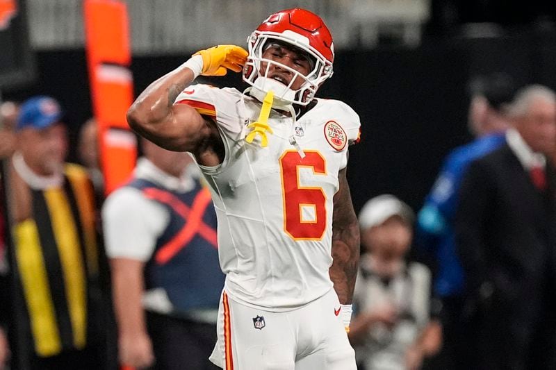 Kansas City Chiefs safety Bryan Cook (6) reacts after the Kansas City Chiefs stopped the Atlanta Falcons on fourth down late in the game during the second half of an NFL football game, Sunday, Sept. 22, 2024, in Atlanta. The Kansas City Chiefs 22-17. (AP Photo/John Bazemore)