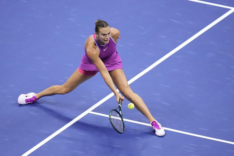 Aryna Sabalenka, of Belarus, returns a shot to Jessica Pegula, of the United States, during the women's singles final of the U.S. Open tennis championships, Saturday, Sept. 7, 2024, in New York. (AP Photo/Kirsty Wigglesworth)