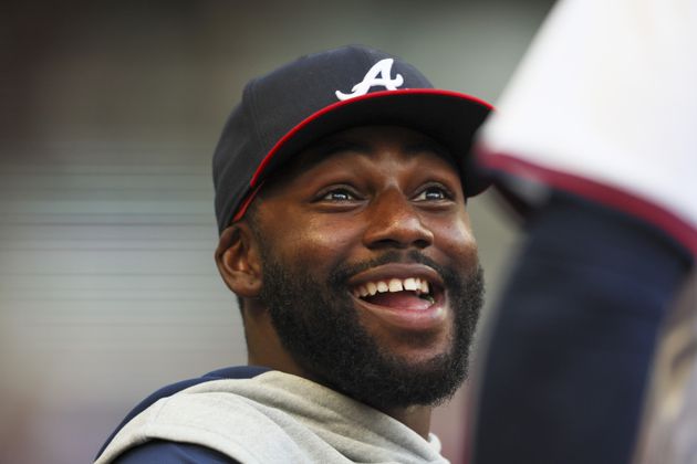 Injured Atlanta Braves’ Michael Harris II talks with a teammate during their game against the San Francisco Giants at Truist Park, Tuesday, July 2, 2024, in Atlanta. The Braves lost to the Giants 5-3. (Jason Getz / AJC)
