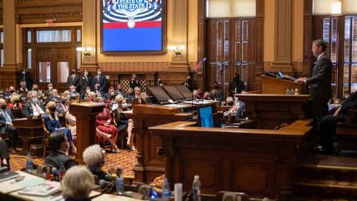 Gov. Brian Kemp delivers the State of the State address to a joint session of the Georgia Legislature on Thursday morning, Jan. 13, 2022. He called for a parents' bill of rights, which was approved by the Senate on Tuesday Feb. 22, 2022. (Ben Gray for The Atlanta Journal-Constitution)
