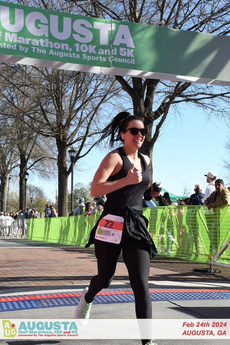 Jennifer Huffman, 36, said her thoughts turned to Laken Riley, the nursing student killed while on a run, as Huffman ran the Augusta Half Marathon on Feb. 24, 2024.