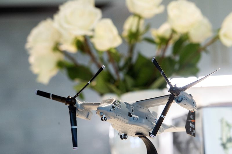 A model of a Bell Boeing V-22 Osprey is seen at the family home of Marine Corporal Spencer R. Collart in Arlington, Va., Thursday, June 19, 2024. Collart, 21, was killed along with Marine Corps Captain Eleanor V. LeBeau and US Marine Corps Major Tobin J. Lewis when the MV-22B Osprey aircraft they were on crashed during drills on a north Australian island on August 27, 2023. (AP Photo/Rod Lamkey, Jr.)