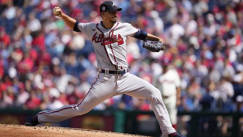 Charlie Morton pitches during the second inning of the first baseball game in a doubleheader against the Philadelphia Phillies, Monday, Sept. 11, 2023, in Philadelphia. (AP Photo/Matt Slocum)