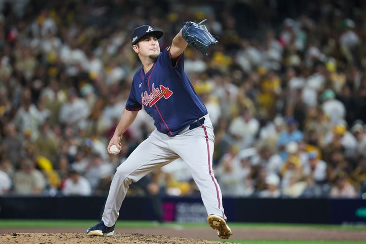 Atlanta Braves pitcher Luke Jackson (22) delivers to the San Diego Padres during the seventh inning of National League Division Series Wild Card Game One at Petco Park in San Diego on Tuesday, Oct. 1, 2024.   (Jason Getz / Jason.Getz@ajc.com)